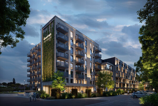 Fassadengestaltung und Visualisierung: Das Quartier in Düsseldorf beinhaltet Betreutes Wohnen, eine Seniorenresidenz und eine Kita.